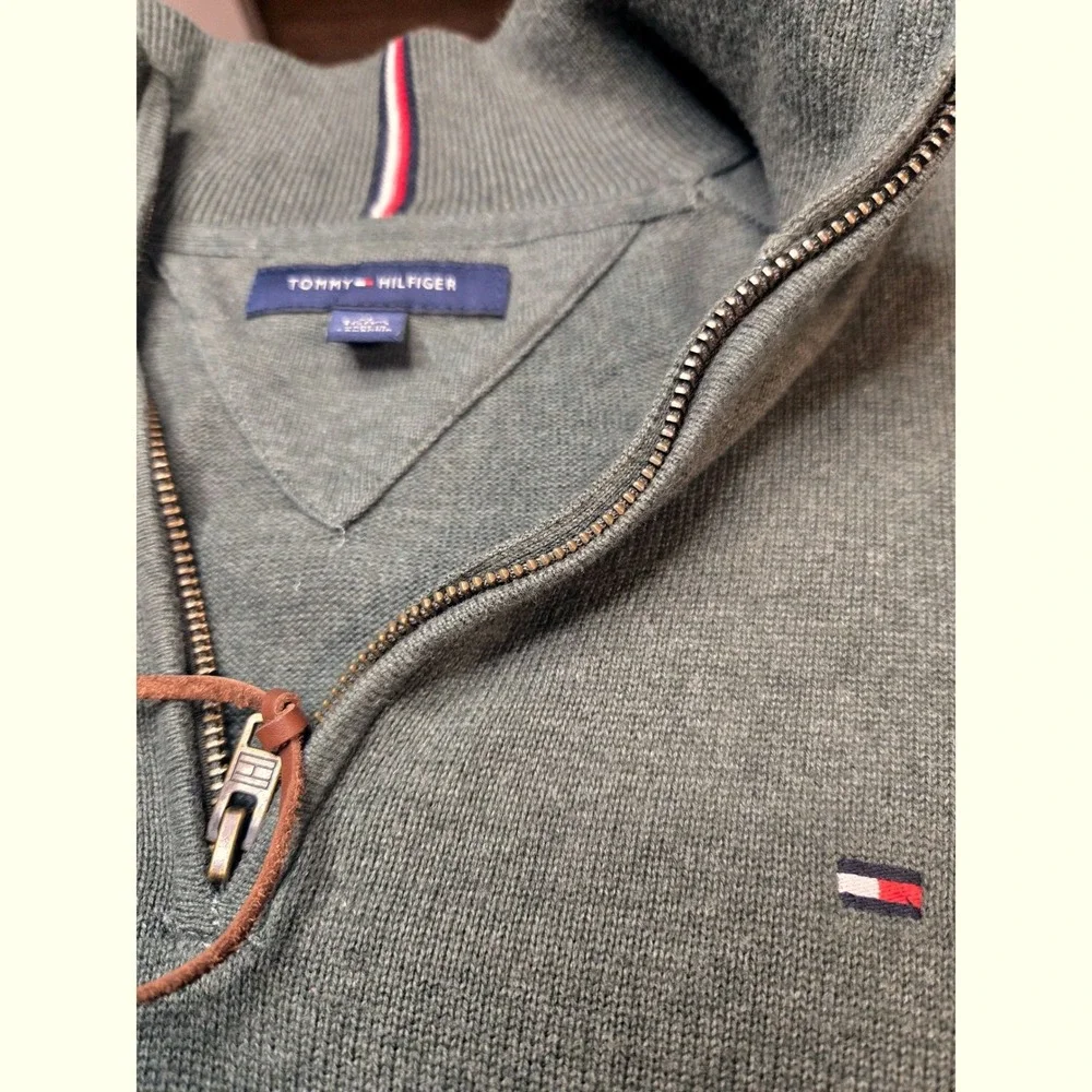 Tommy Hilfiger Mens XL Quarter Zip‎ Sweater Heather Green Mock Neck Pullover